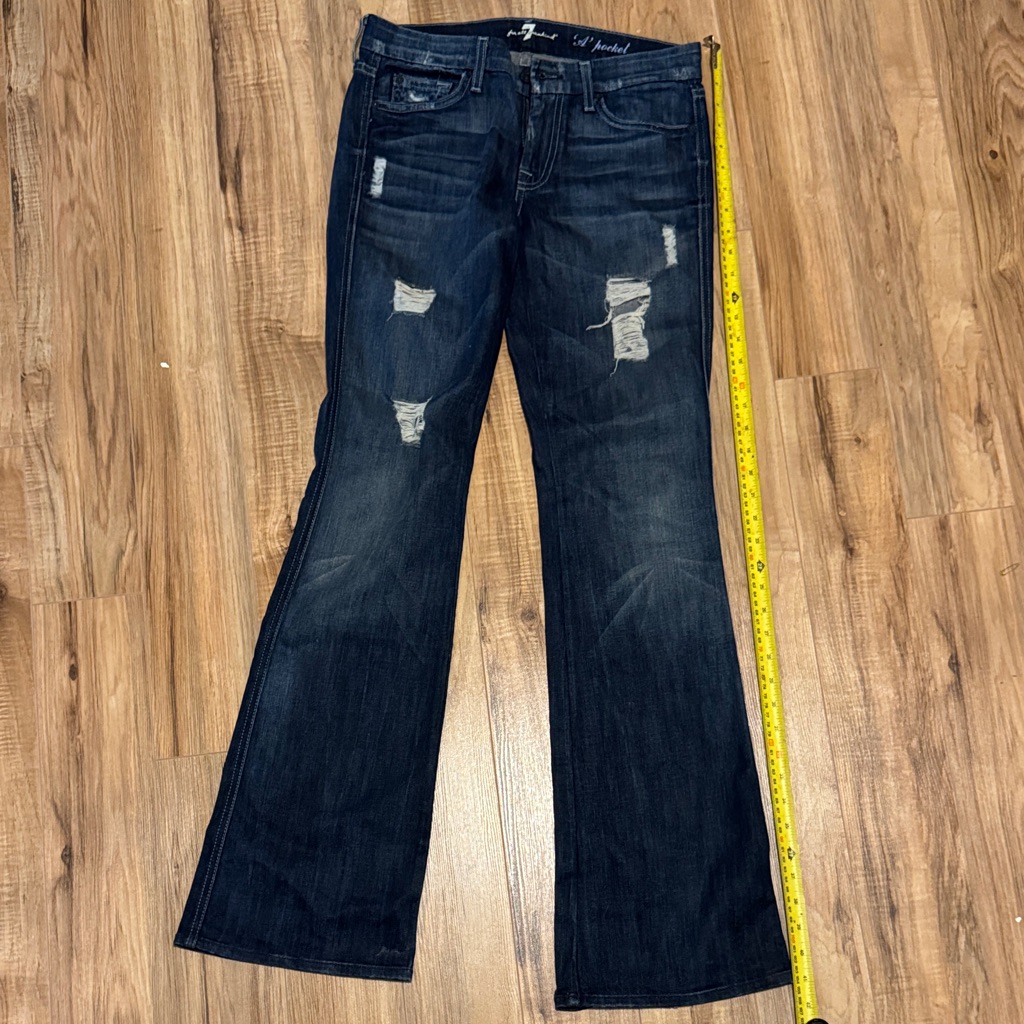 7 For All Mankind Dark Blue Distressed Flare Jeans
